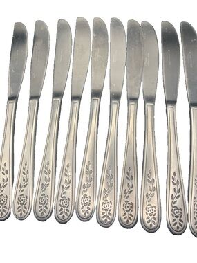 Vintage Rogers Stainless Floral Mist Etched Rose Pattern Lot of 10 Knives